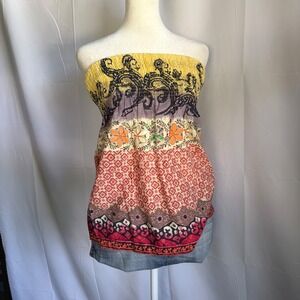 Babydoll Y2K Boho Funky People Smocked Tube Top Mixed Print Boho Strapless M